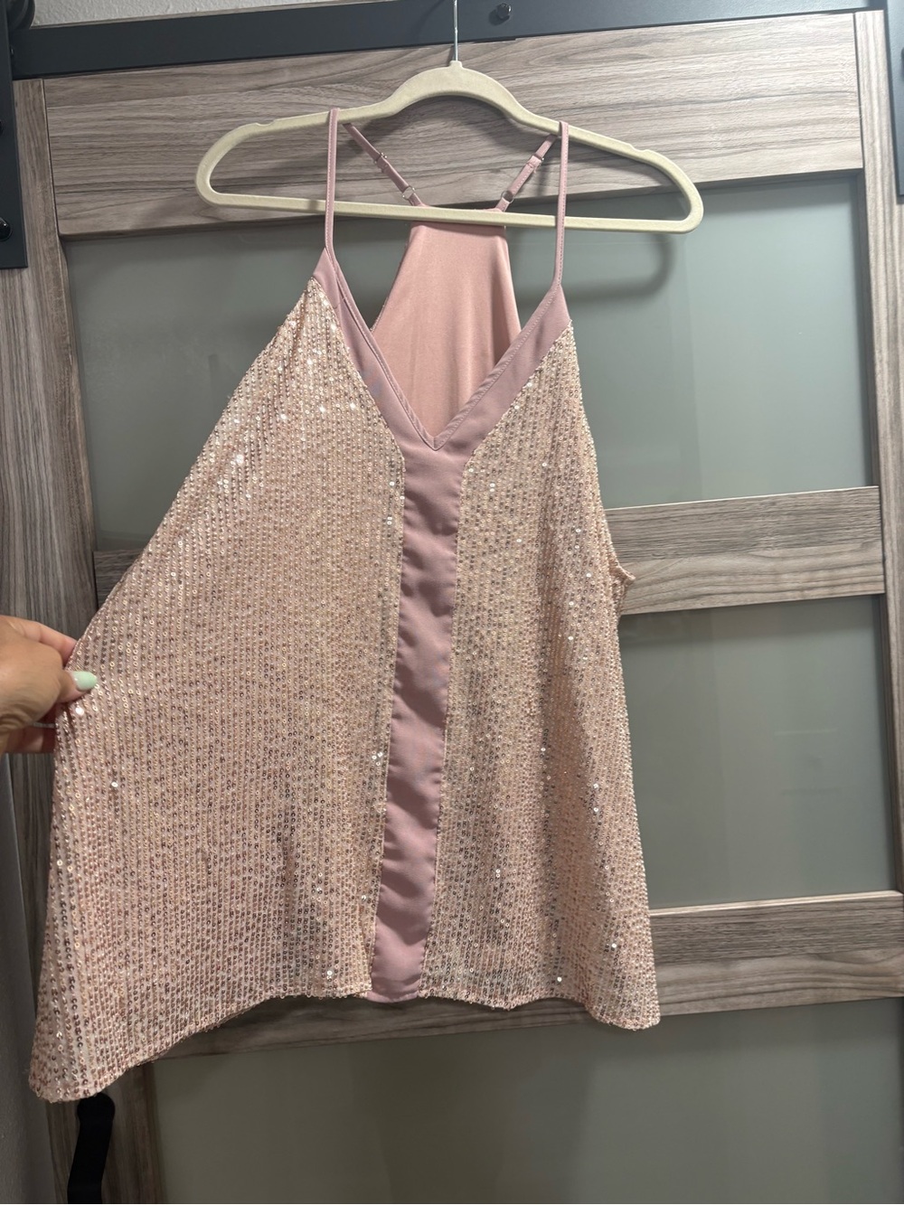 Sequin Spaghetti Strap Tank Top in Blush Pink